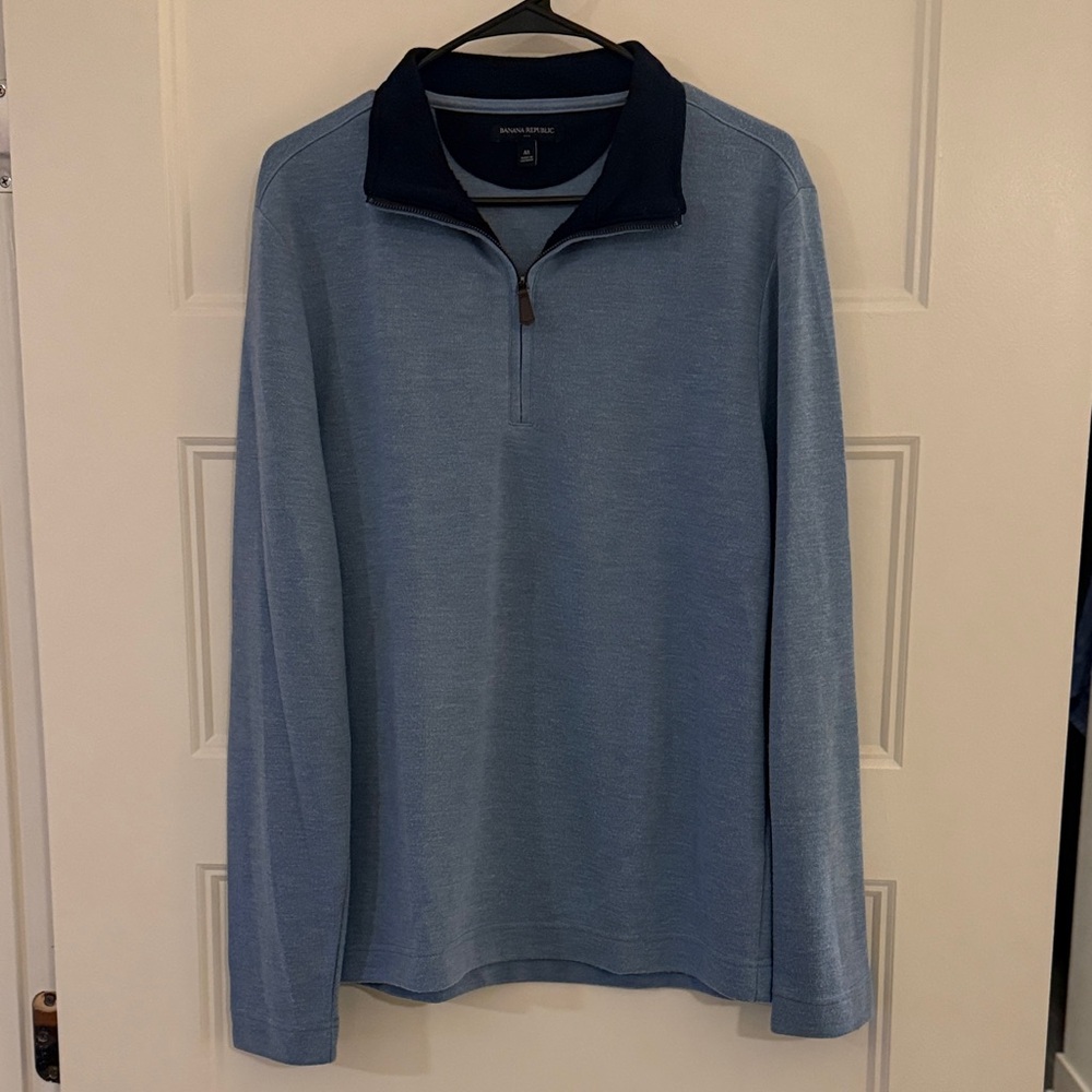 Banana Republic Light Blue Quarter-Zip Sweater with Navy Blue Collar